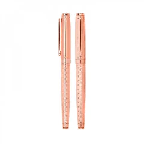 promosyon pembe altın tonlu metal roller kalem, tırtıklı gövde deseni, beyaz fon