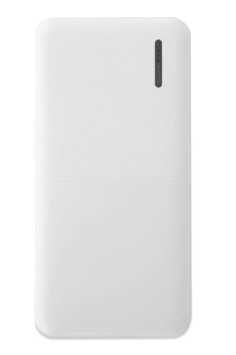 promosyon beyaz taşınabilir şarj aleti, üst göstergede 20000 mAh yazısı, dokulu üst yüz, beyaz zemin