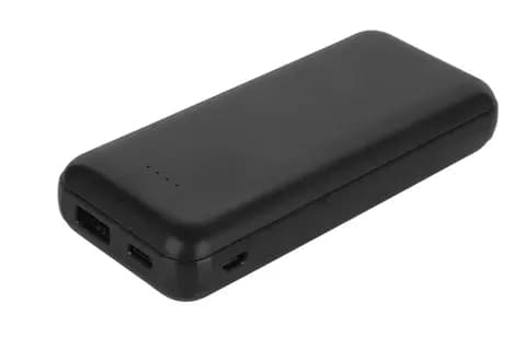 Siyah taşınabilir şarj cihazı, LED göstergeli gövde ve çift USB çıkışı; promosyon ürünü