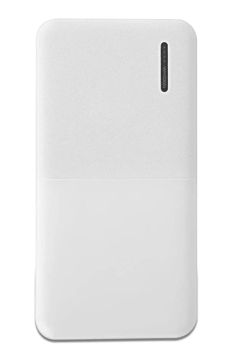promosyon beyaz taşınabilir şarj aleti, sağ üstte siyah göstergede 10000 mAh yazısı, dokulu yüz