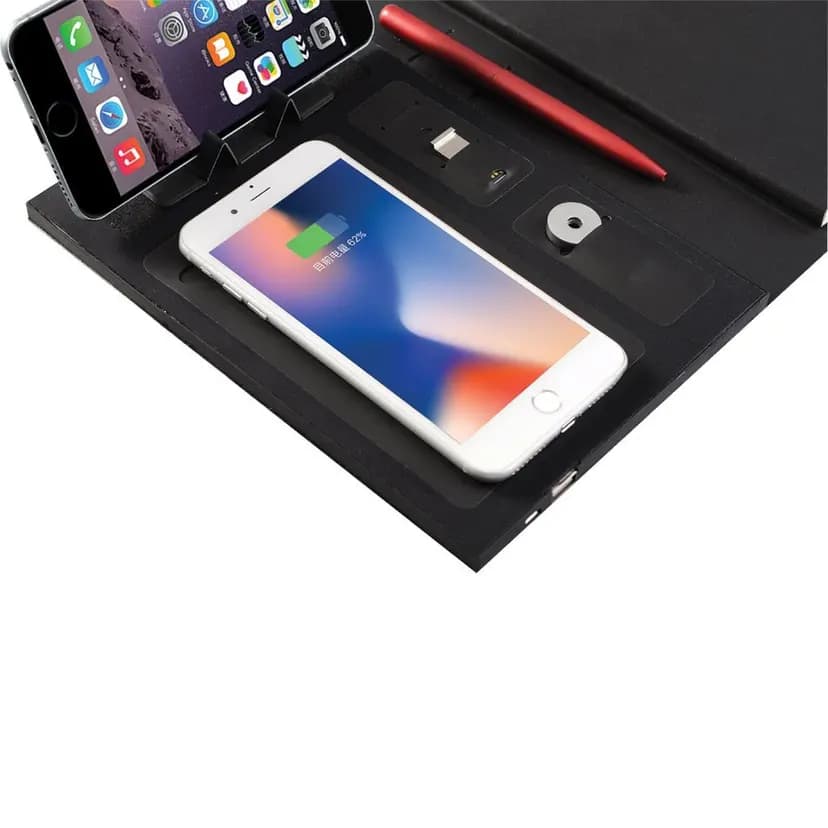 promosyon siyah katlanır telefon standı, iki telefon ve kırmızı kalem, ekranda yüzde 62 yazısı