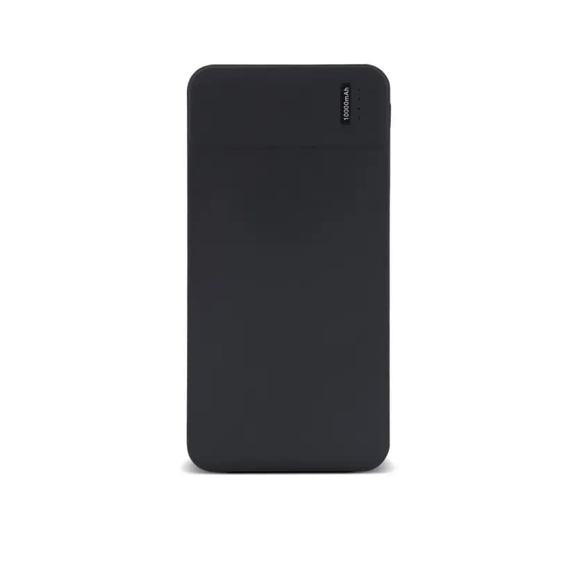 Siyah mat promosyon powerbank, dikey 10000 mAh yazısı ve dört LED