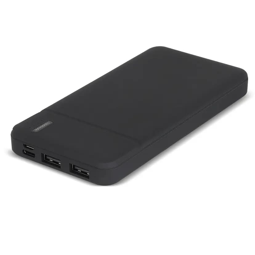 Siyah promosyon powerbank, yan kenarda iki USB çıkışı ve giriş portu
