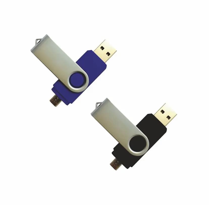 promosyon iki döner kapaklı USB bellek, biri mavi biri siyah gövdeli, gümüş kapaklı, altın uçlu