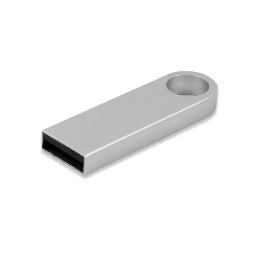 promosyon gümüş metal USB bellek, dikdörtgen gövde, yuvarlak delikli uç, siyah bağlantı, beyaz zemin