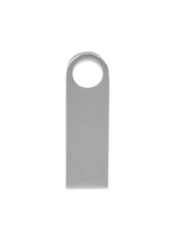 promosyon gri metal USB bellek gövdesi, dikdörtgen, üstte yuvarlak delik, yazısız, beyaz arka plan