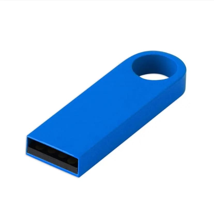 promosyon mavi plastik USB bellek, dikdörtgen gövde, yuvarlak delikli, siyah bağlantı uçlu, beyaz zemin