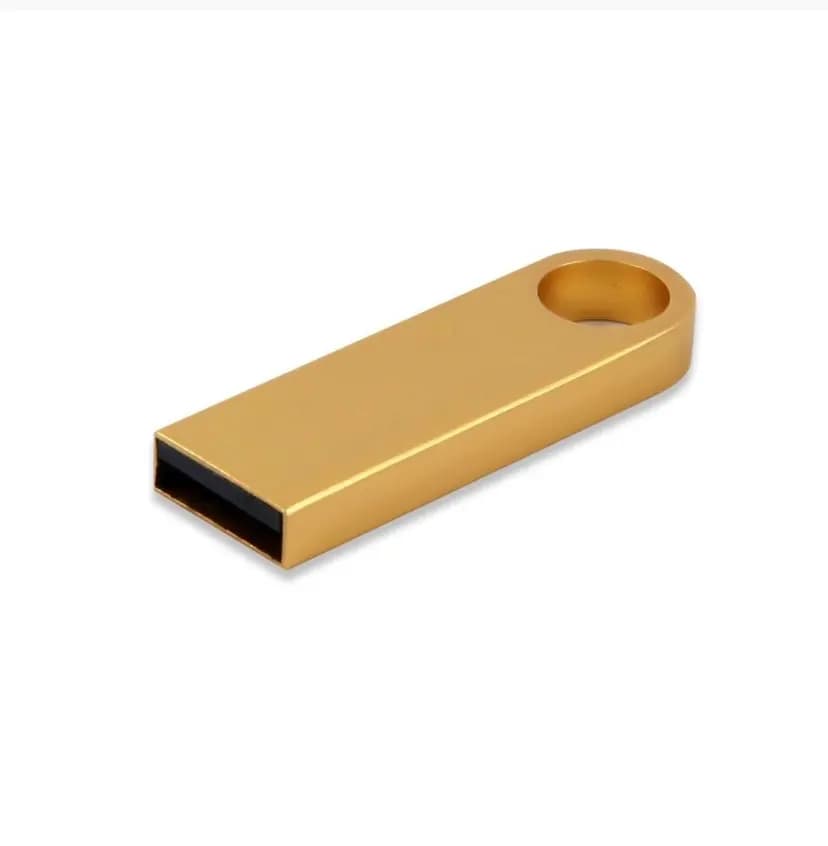 promosyon altın renkli metal USB bellek, dikdörtgen gövde, yuvarlak delikli uç, siyah bağlantı