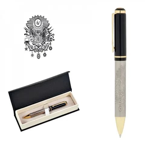 promosyon arma gravürlü gümüş gövdeli metal kalem, siyah altın kapak, krem içli kutu