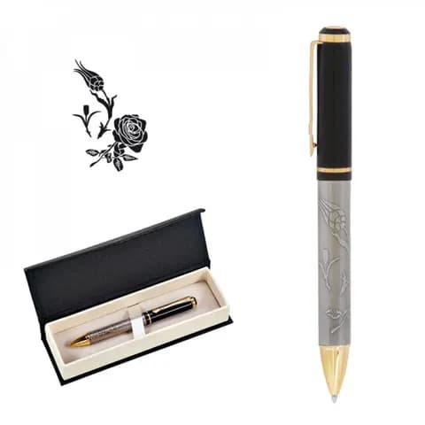 promosyon gül deseni gravürlü metal kalem, siyah altın kapak ve krem içli kutu