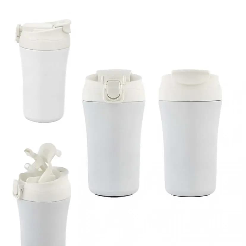 promosyon beyaz termos 400 ml, dört farklı açıdan ve açık kapaklı görünüm