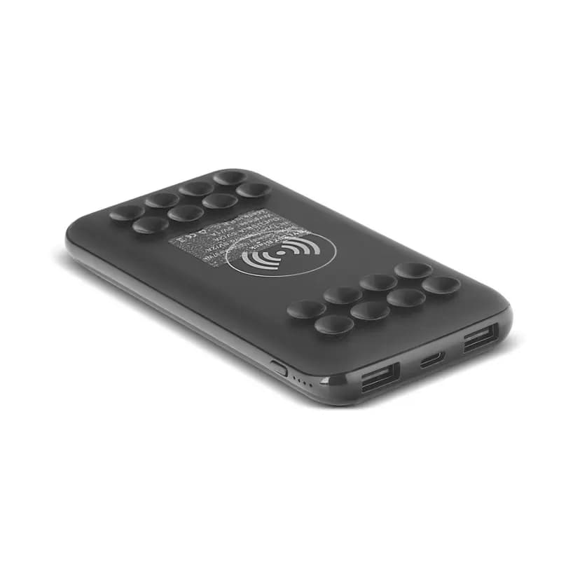 Siyah promosyon powerbank, üst yüzeyde kablosuz şarj simgesi ve vantuzlar