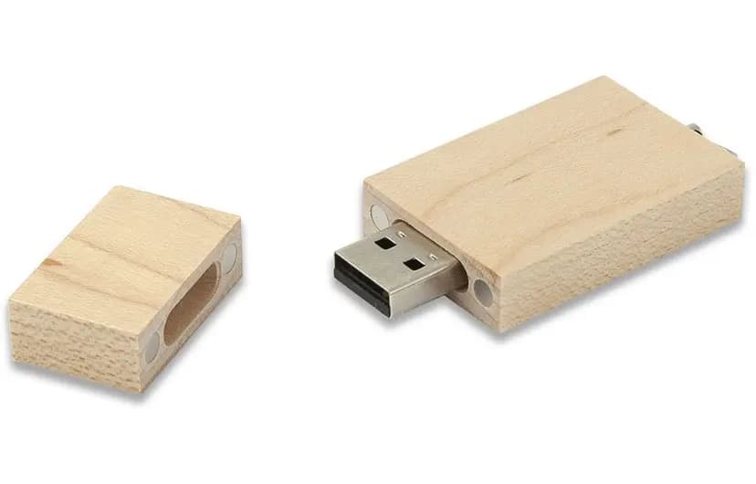 promosyon açık ahşap dikdörtgen kapaklı USB bellek, iki parça, metal bağlantı uçlu, yazısız