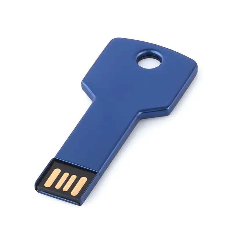 promosyon mavi metalik anahtar şeklinde USB bellek, altın kontaklı ve baskısız
