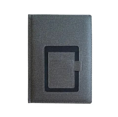 promosyon koyu gri suni deri kapaklı defter, siyah kare çerçeve ve kalem halkası, beyaz fon