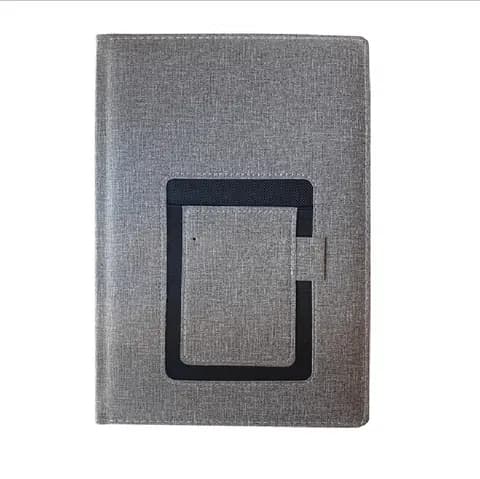 promosyon açık gri suni deri kapaklı defter, siyah kare çerçeve ve kalem halkası, beyaz fon