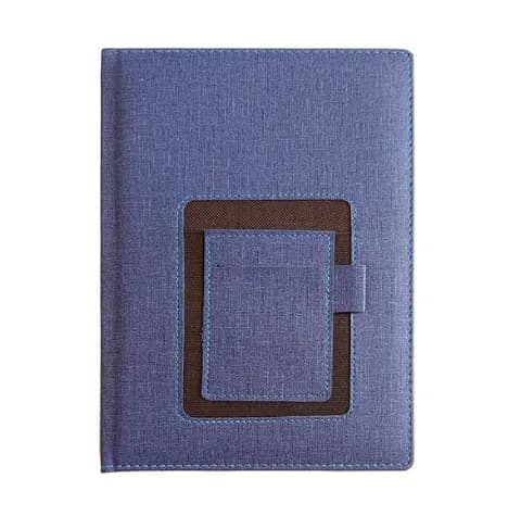 promosyon lacivert suni deri kapaklı defter, kahverengi kare çerçeve ve kalem halkası