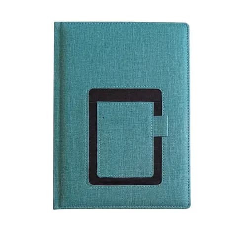 promosyon turkuaz suni deri kapaklı defter, siyah kare çerçeve ve kalem halkası, tepeden çekim
