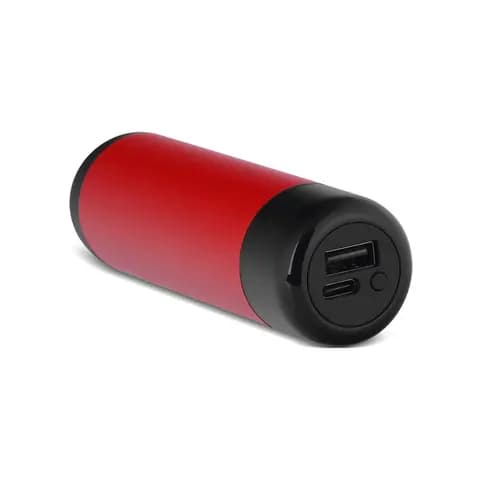 promosyon kırmızı silindirik el ısıtıcı powerbank, siyah uç ve USB çıkışı, diyagonal çekim