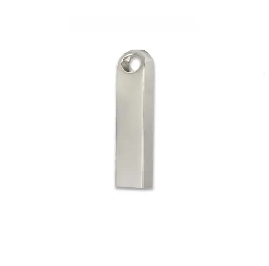 promosyon gümüş metal USB bellek, ince gövde ve askı deliği, beyaz fon