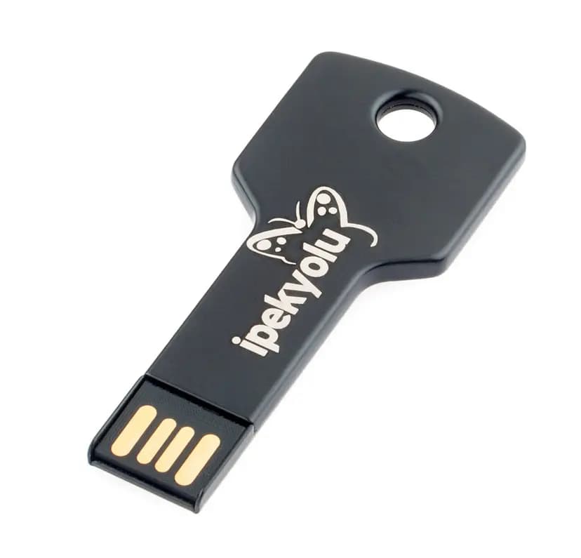 promosyon siyah anahtar şeklinde USB bellek, beyaz kelebek amblem ve yazı baskılı