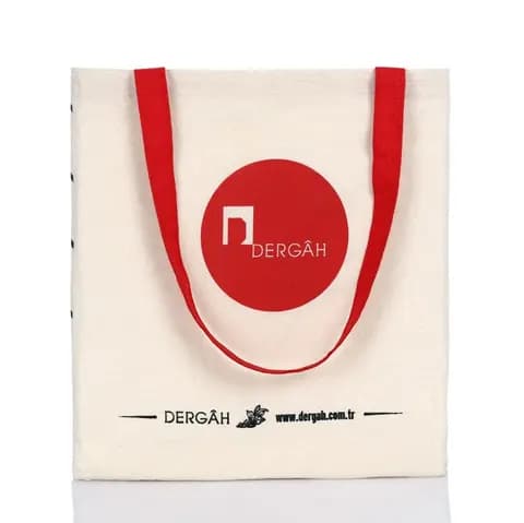 promosyon krem ham bez çanta, kırmızı oval logo baskısı, kırmızı uzun dokuma kulplu