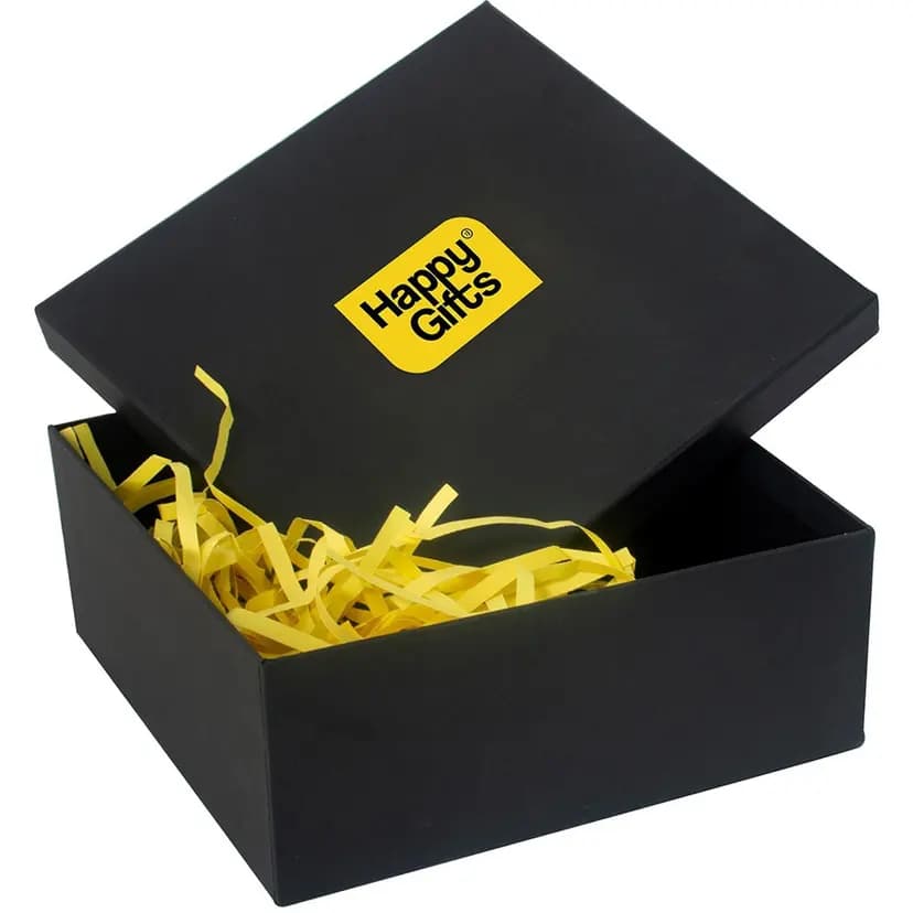 Promosyon siyah hediye kutusu, sarı doku kağıdı ile şık sunum. Happy Gifts