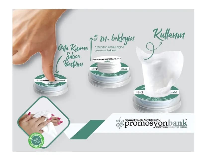 Promosyon mendil, beyaz doku, metal kapak, pratik kullanım