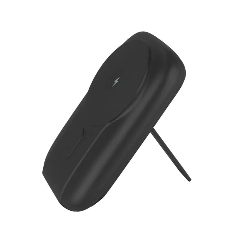 Siyah mat promosyon powerbank, ayaklı gövde ve kablosuz şarj simgesi