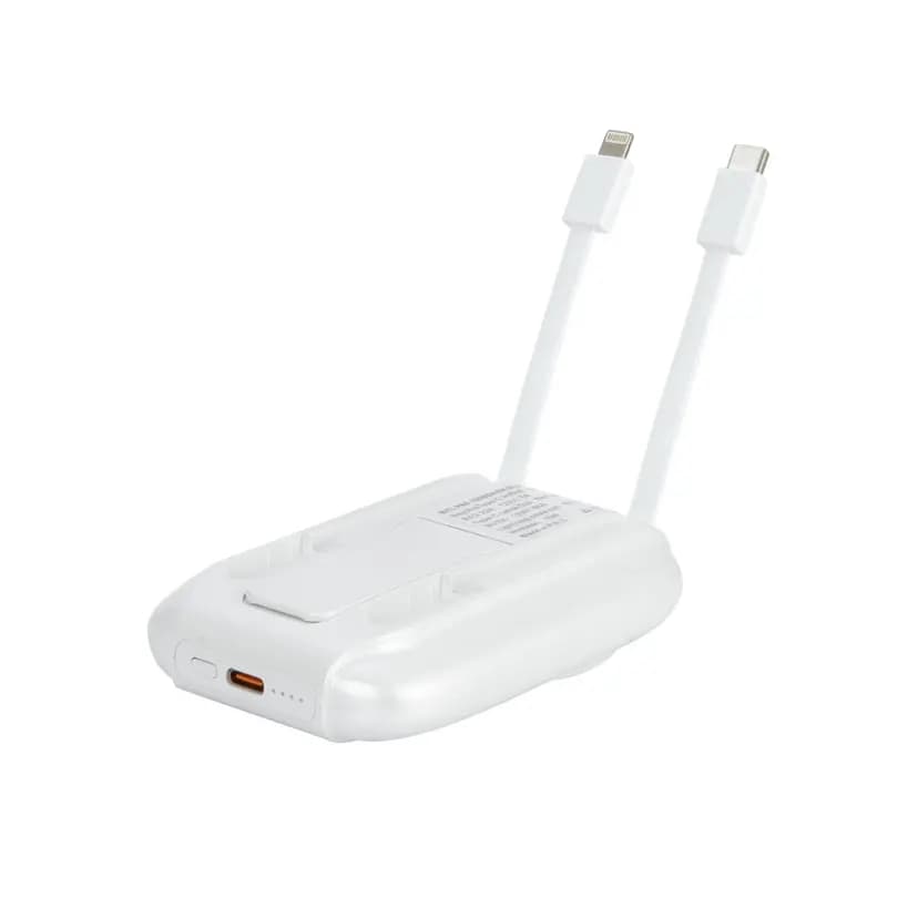 Beyaz promosyon powerbank, iki sabit kablo ve yan kenarda dört LED