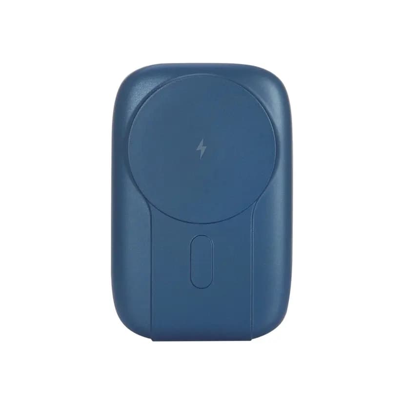 Lacivert promosyon powerbank, dairesel kablosuz şarj yüzeyi ve güç düğmesi
