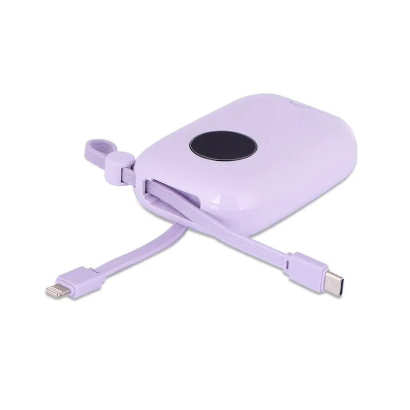Lila renkli promosyon powerbank, örgülü kablo ve yuvarlak panel