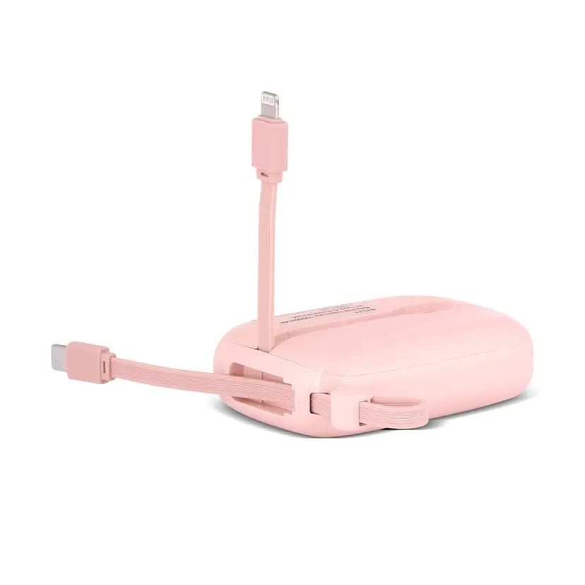 Açık pembe promosyon powerbank, iki dahili kablo ve mat gövde