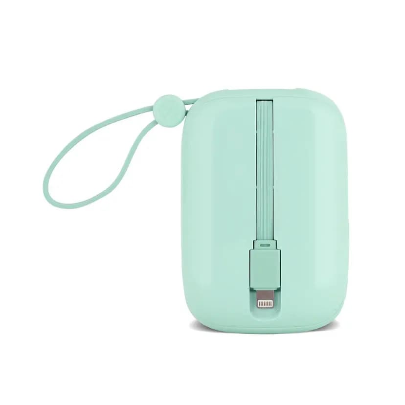 Mint yeşili promosyon powerbank, halka askılı ve gömülü şarj kablolu