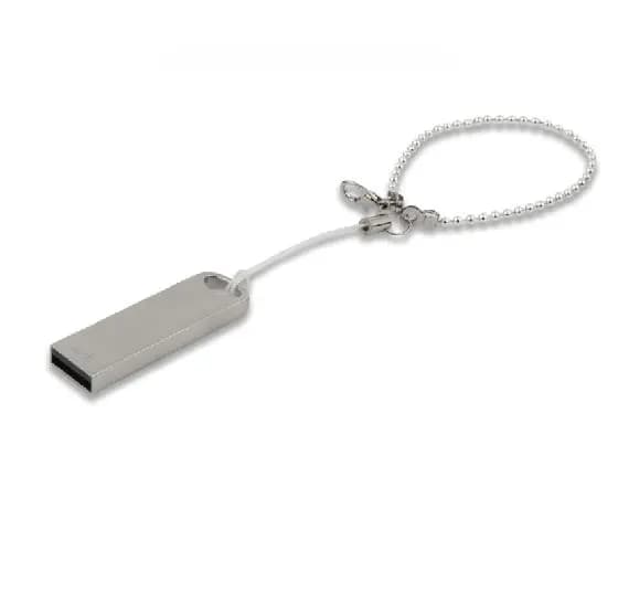 promosyon gümüş ince metal USB bellek, beyaz ip ve bilyeli zincirli anahtarlık