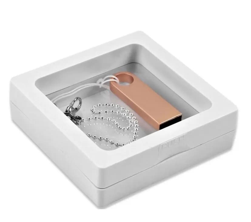promosyon açık kutu içinde gümüş USB bellek, gri sünger yatak ve model baskısı