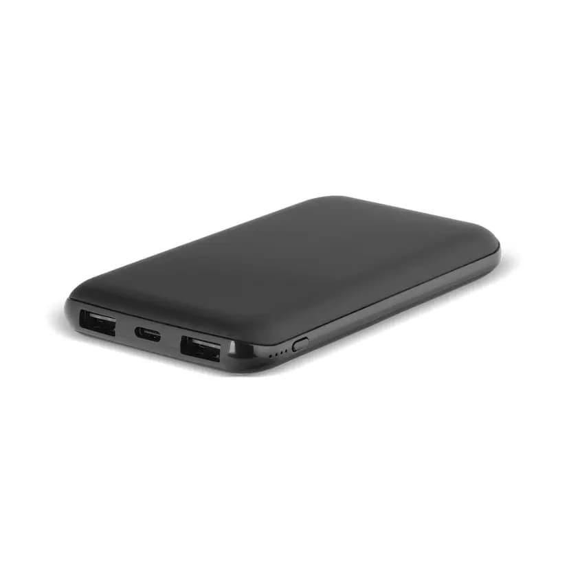 Siyah promosyon powerbank, iki USB çıkışı ve micro USB girişli