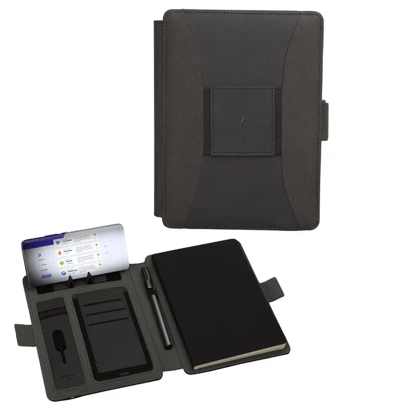 promosyon siyah kaplı ajanda organizatör, powerbank bölmeli, telefon cebi ve kart gözlü, kalemli