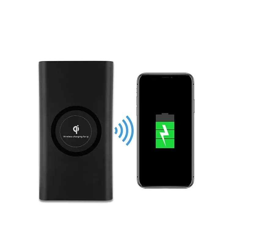 promosyon siyah taşınabilir şarj aleti ve telefon, kablosuz şarj baskısı, yeşil pil göstergesi