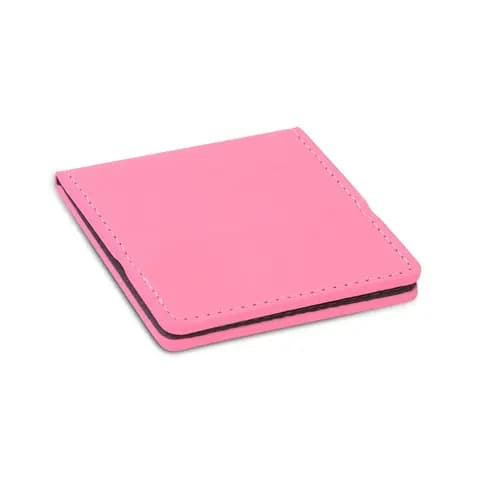 promosyon kare kompakt çelik ayna, pembe mat kapak ve dikişli kenar, beyaz fon