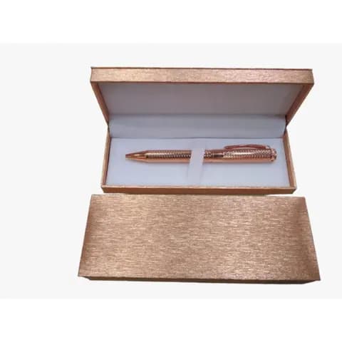 promosyon pembe altın tonlu ikili kalem seti, dokulu kutuda iki metal kalem, beyaz fon