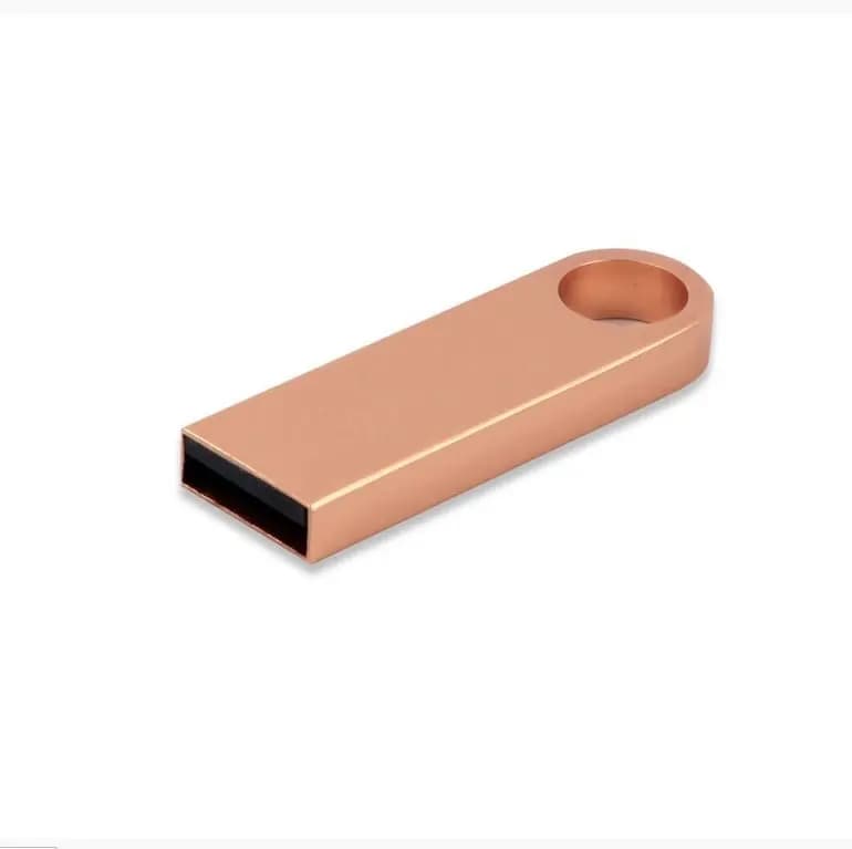 promosyon bakır renkli ince metal USB bellek, yuvarlak askı deliği ve beyaz fon