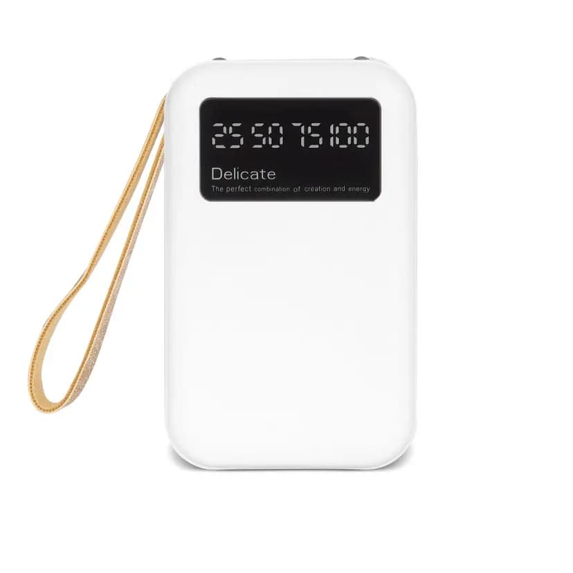 Promosyon powerbank 10000 mAh, beyaz zarif tasarım ve LCD ekran ile