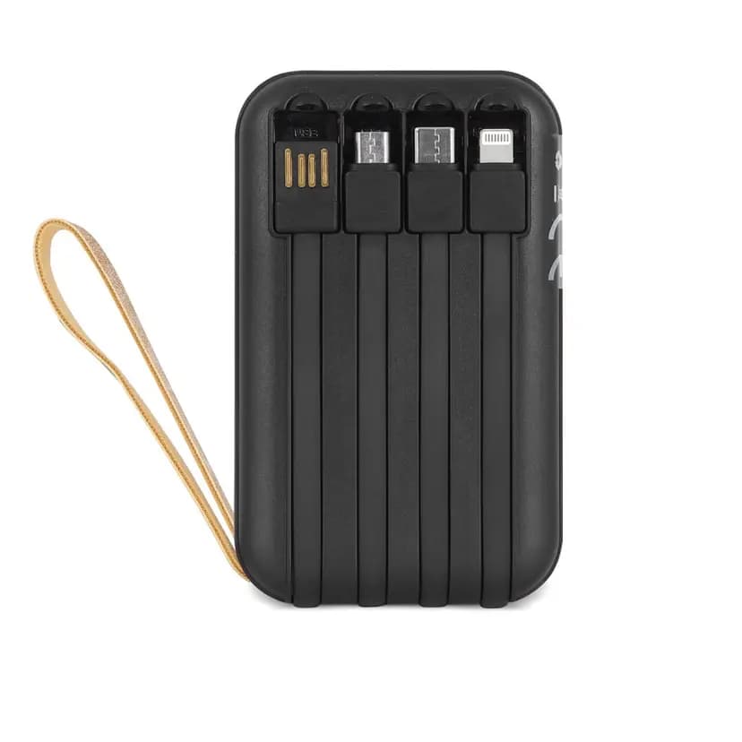 Mat siyah promosyon powerbank, dört dahili kablo ve altın tonlu askı