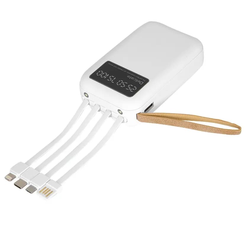 Beyaz promosyon powerbank, LCD gösterge ve dört dahili kablo
