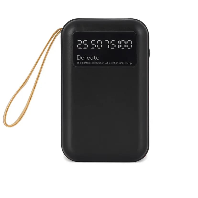 Siyah promosyon powerbank, dijital LED göstergeli ve altın askılı