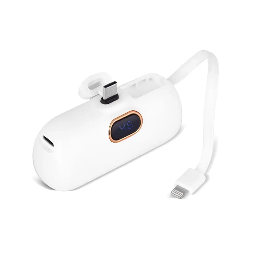 Beyaz oval promosyon powerbank, gül kurusu çerçeveli ekran ve iki kablo