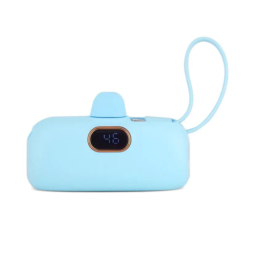 Açık mavi promosyon powerbank, altın çerçeveli oval dijital ekran