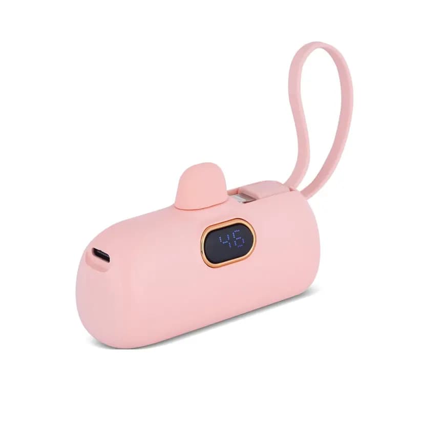 Pembe oval promosyon powerbank, altın çerçeveli ekran ve halka kablo