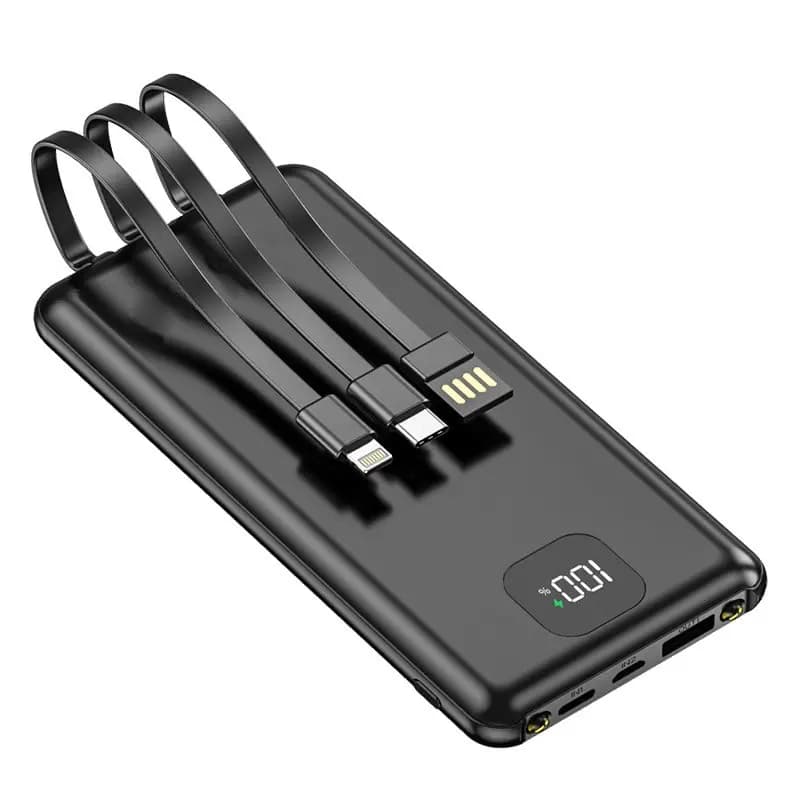 promosyon siyah powerbank, kıvrılmış üç kablo ve dijital yüzde göstergesi
